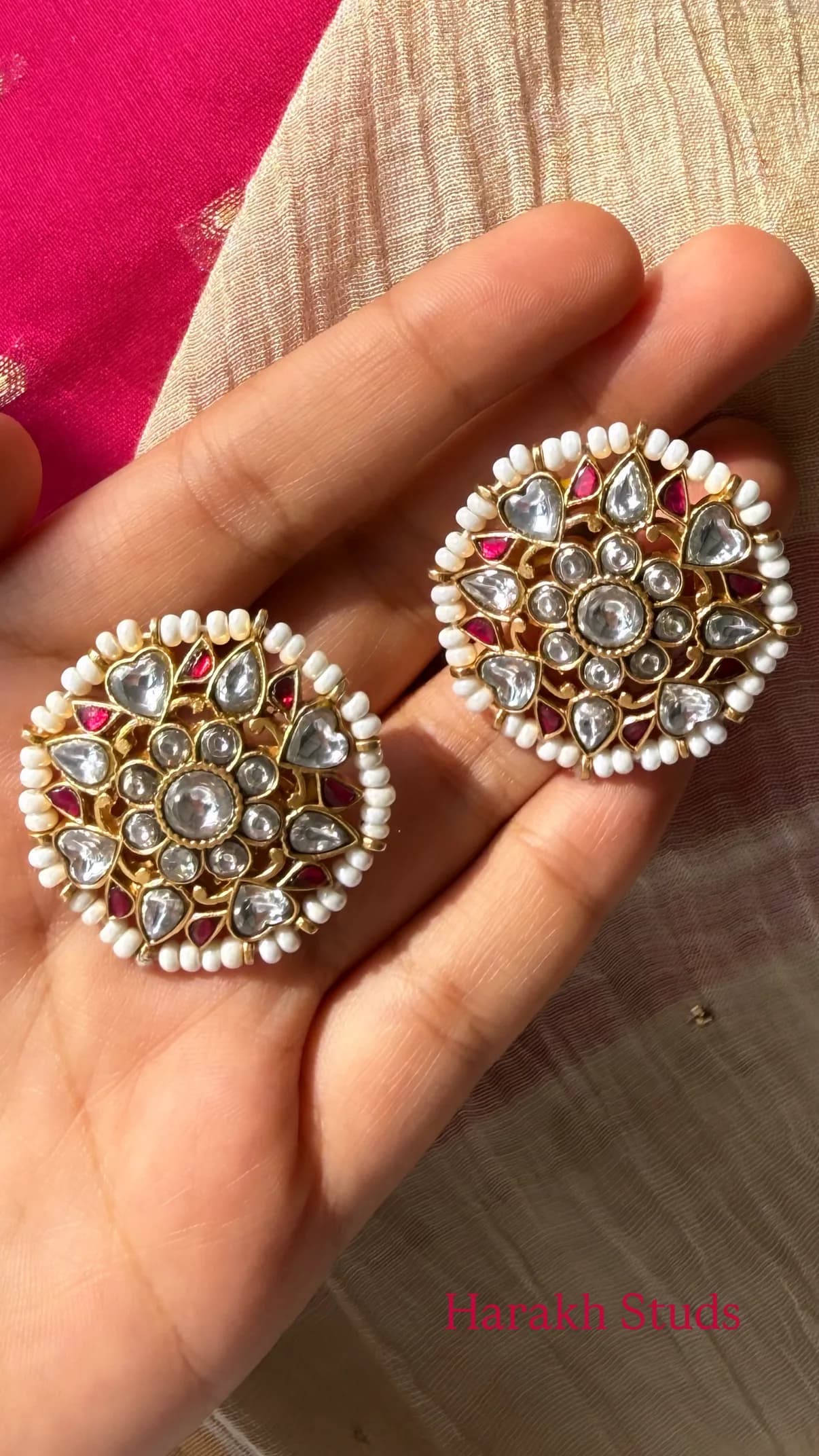 Harakh Earrings – Pink – worn close-up