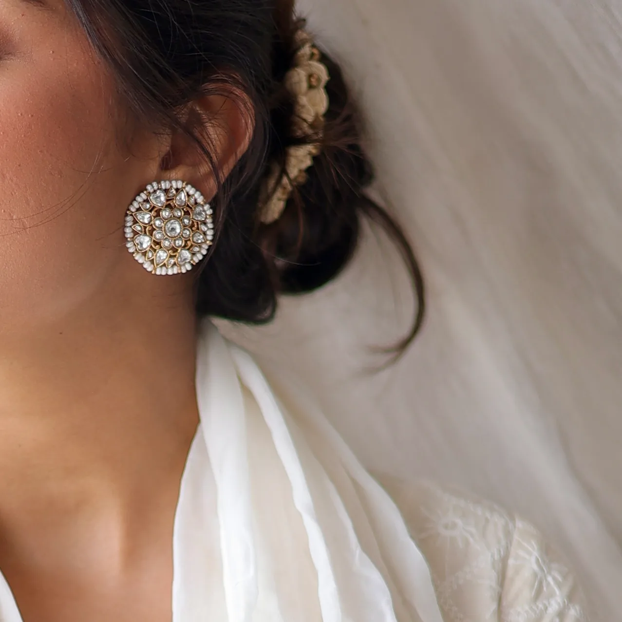 Harakh Earrings – White – worn close-up