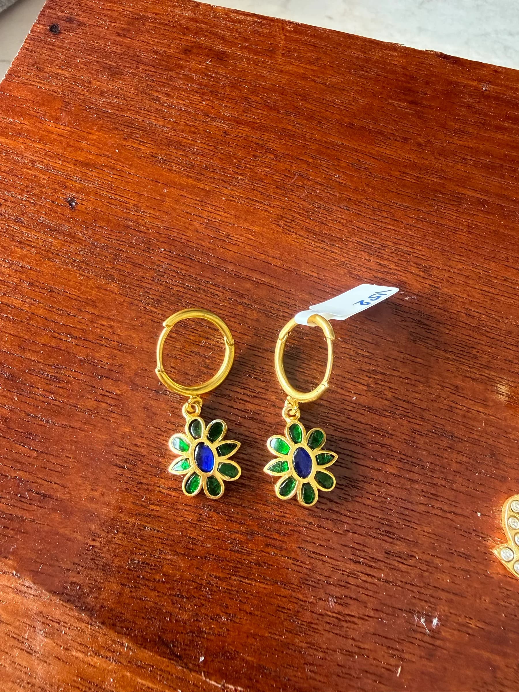 Juhi Earrings – Green & Blue – worn close-up