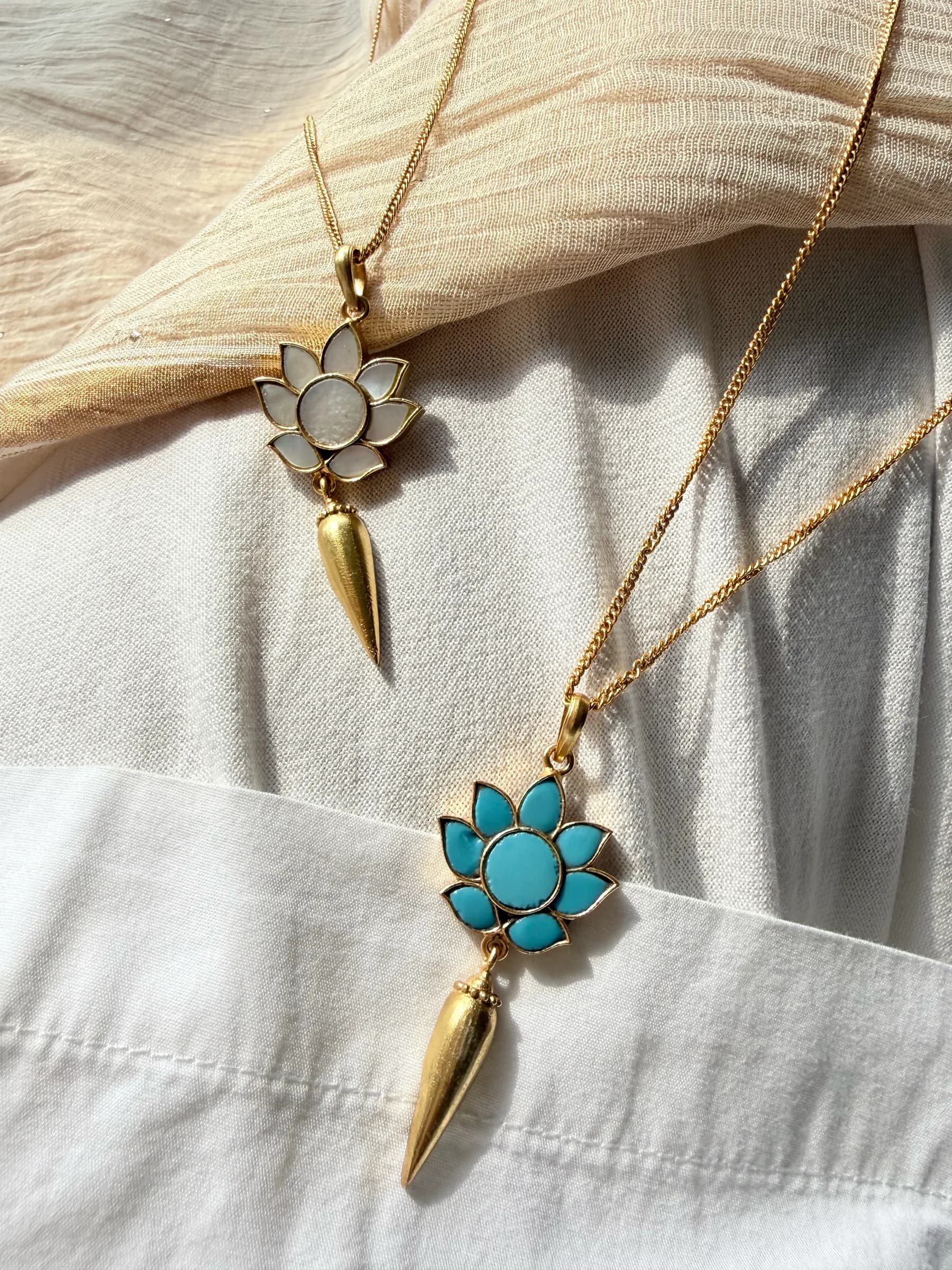 Kumud Pendant – Firozi – worn close-up