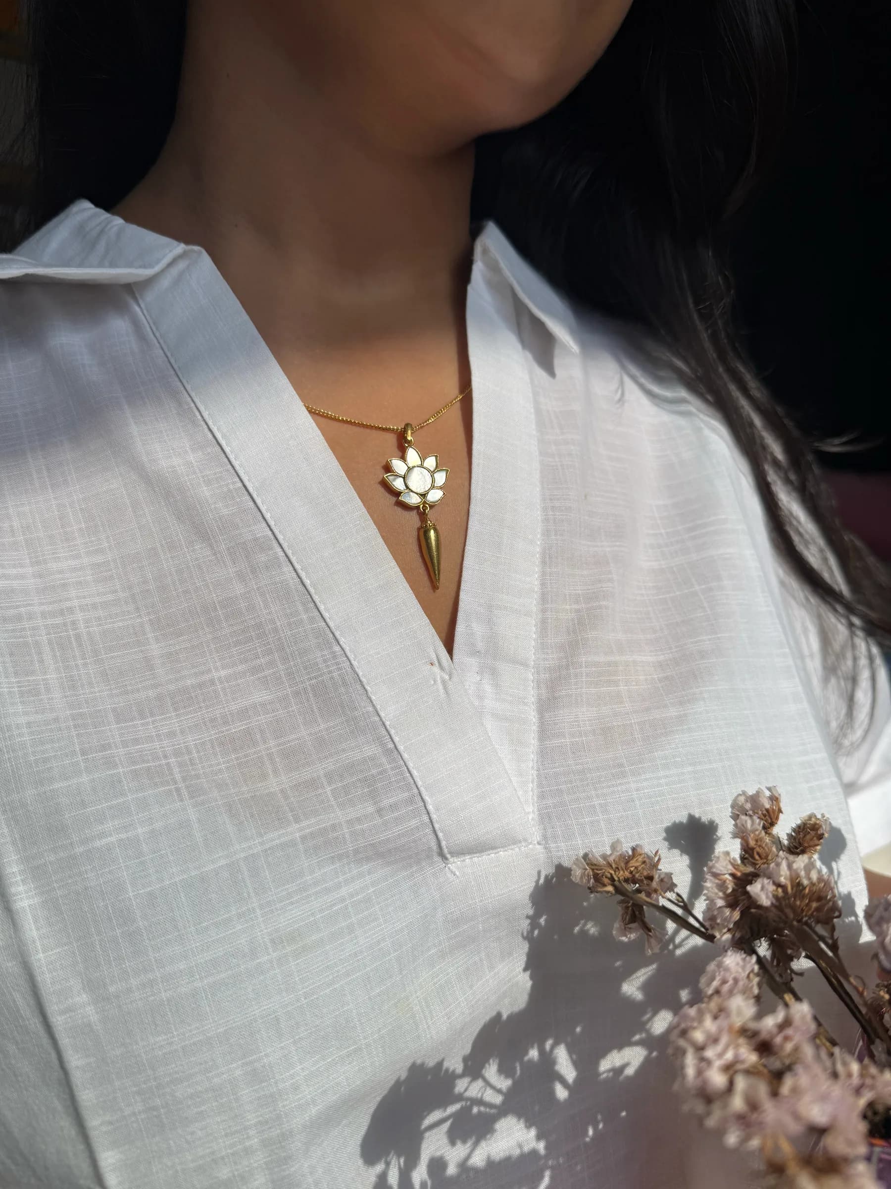 Kumud Pendant – Mother-of-Pearl – worn close-up